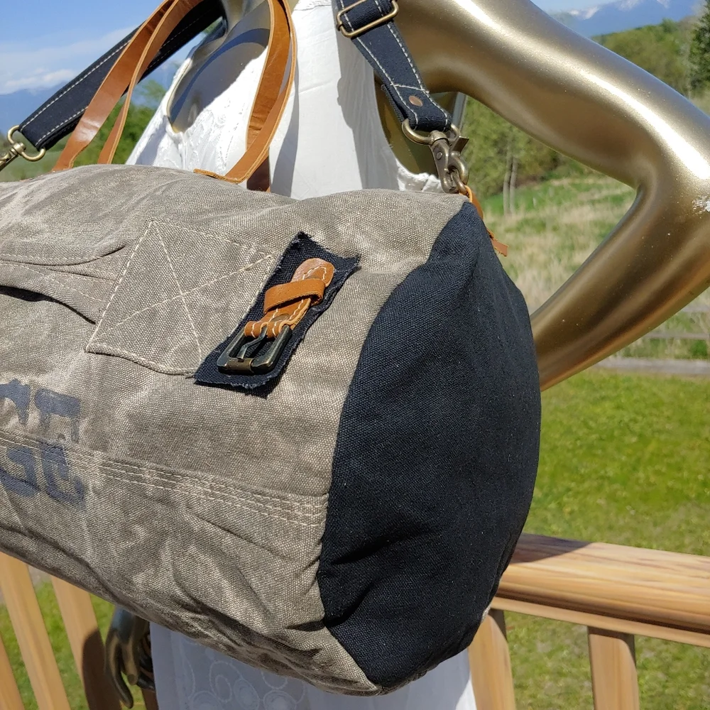 Vintage Canvas Duffel Bag with Leather Accents - Gray